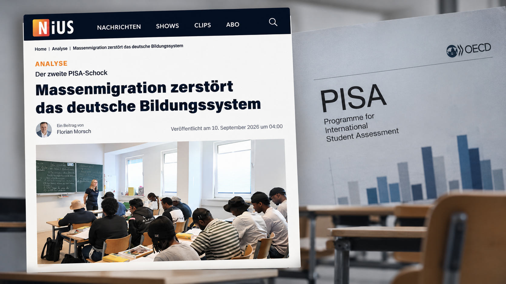 Alt-Text: **Screenshot eines NIUS-Artikels zur PISA-Studie mit der Überschrift „Massenmigration zerstört das deutsche Bildungssystem“, daneben eine Darstellung der PISA-Auswertung der OECD.**